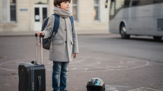Un enfant avec un sac a dos et une petite valise, avec du materiel de neige a cote, devant une ecole francaise avant un depart en voyage scolaire.