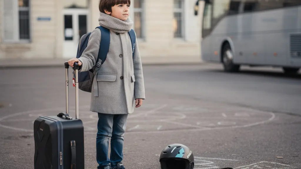 Un enfant avec un sac a dos et une petite valise, avec du materiel de neige a cote, devant une ecole francaise avant un depart en voyage scolaire.
