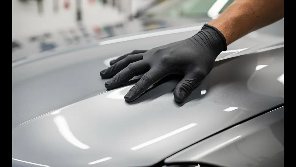 Main gantée effleurant la carrosserie d'un véhicule haut de gamme, protection peinture prestige