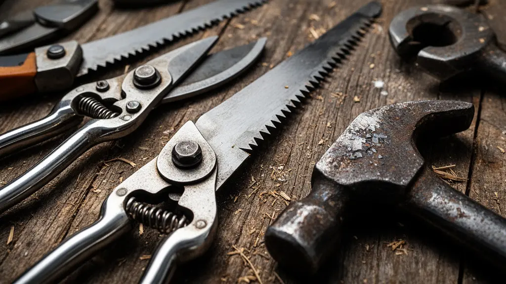 Gros plan sur des outils de jardinage avec mise au point sélective