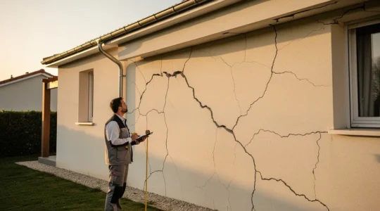 Expert en bâtiment examinant des fissures structurelles sur un mur de maison avec des outils de mesure professionnels