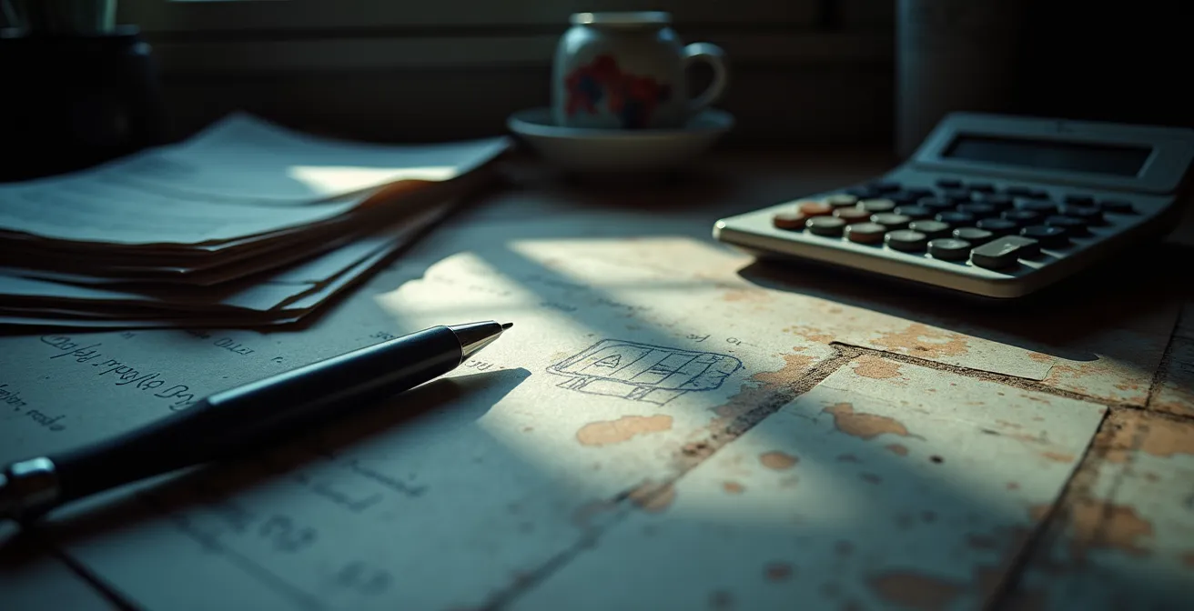 Bureau sombre avec une pile de documents administratifs et une calculatrice, symbolisant le fardeau d'une dette.