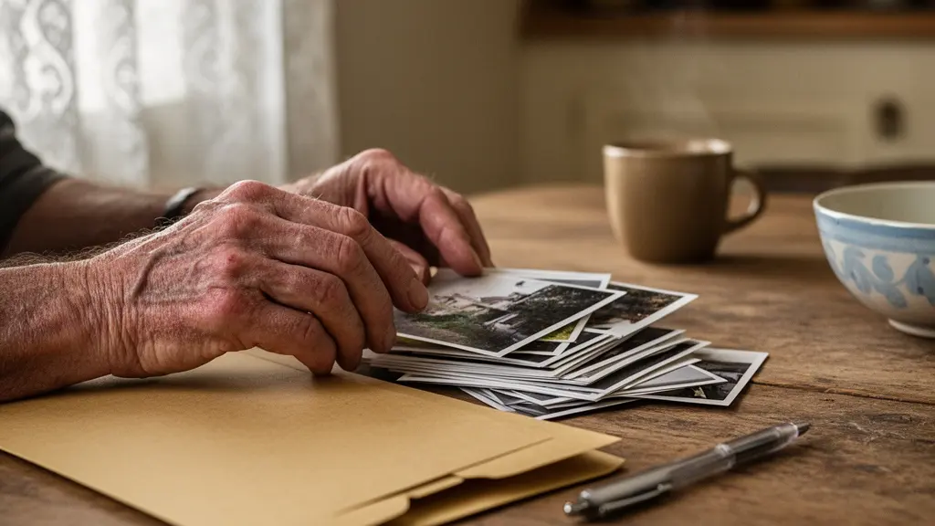 Mains d'une personne regroupant des photographies et documents de preuve de sinistre sur une table, dans le contexte d'une demande de reconnaissance en catastrophe naturelle
