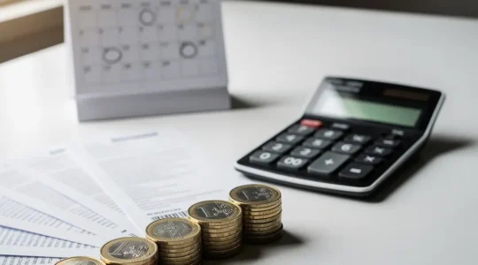 Calculatrice entourée de documents d'assurance et calendrier avec pièces d'euros