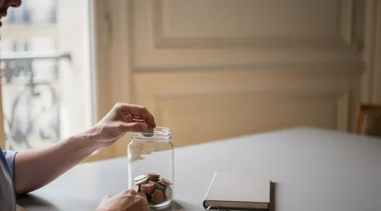Une personne assise a une table dans un appartement francais lumineux met des pieces en euros dans un bocal avec des cles de voiture a cote, suggerant une strategie d epargne pour couvrir une franchise.