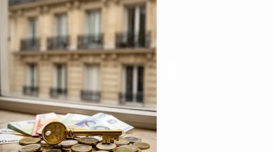 Clé dorée posée sur un coussin de pièces de monnaie, symbolisant les économies réalisées sur un crédit immobilier grâce à la loi Lemoine