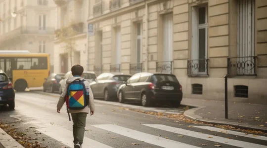 Enfant avec un cartable traversant un passage piéton près d'une école, symbolisant la sécurité sur le chemin scolaire
