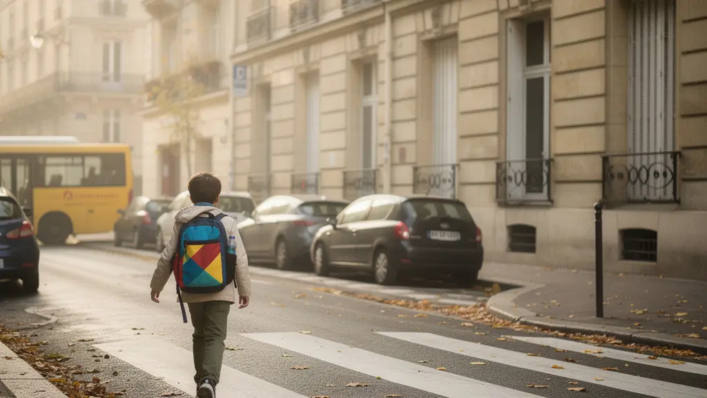 Enfant avec un cartable traversant un passage piéton près d'une école, symbolisant la sécurité sur le chemin scolaire