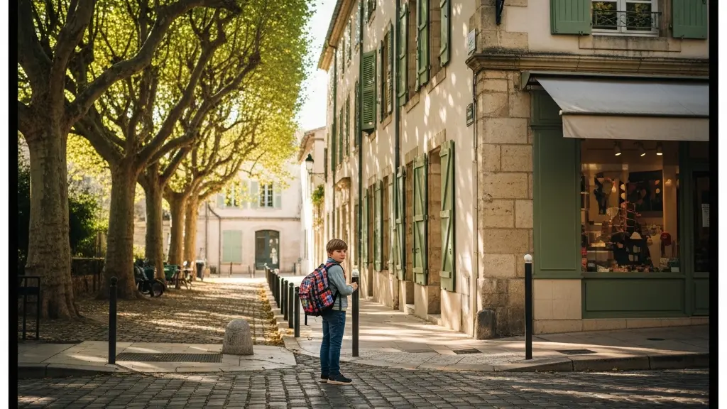 Un enfant au cartable coloré hésite à un carrefour urbain entre deux directions, symbolisant le détour sur le trajet scolaire