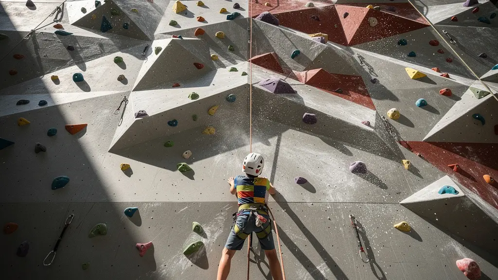 Jeune grimpeur en action sur mur d'escalade avec équipement de sécurité
