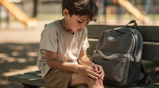 Enfant dans une cour d'école avec son équipement de protection