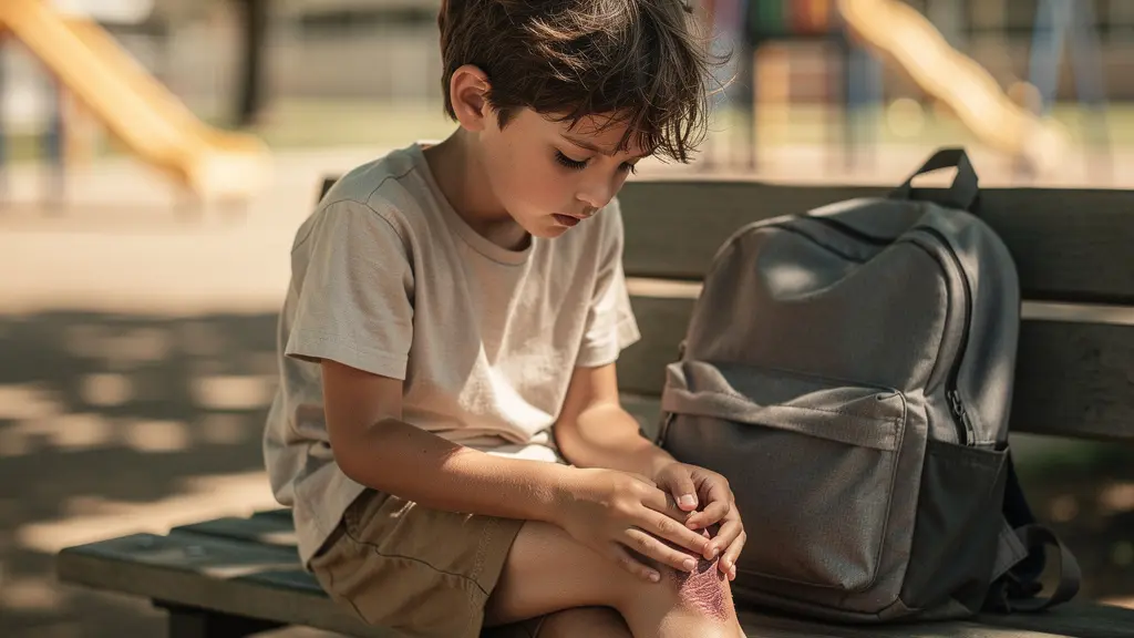 Enfant dans une cour d'école avec son équipement de protection