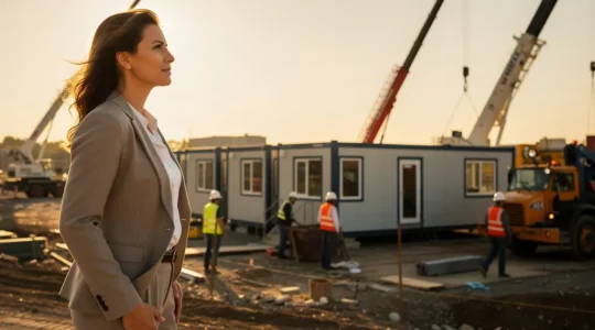 Entrepreneur observant la reconstruction rapide de ses locaux après un sinistre, avec des équipes travaillant sur un site temporaire modulaire