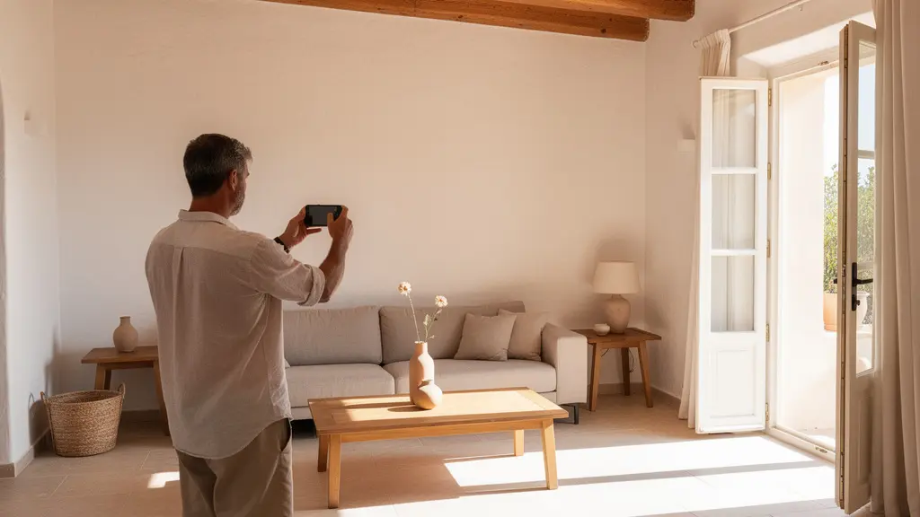 Personne filmant l'état d'une location de vacances avec un smartphone
