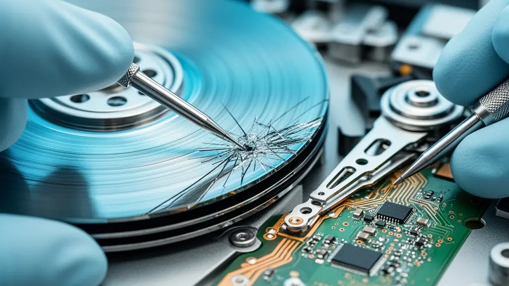 Expert informatique analysant des disques durs endommagés dans un laboratoire de récupération de données