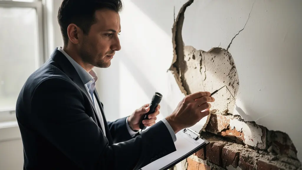 Expert judiciaire analysant des fissures cachées derrière un enduit récent dans une maison