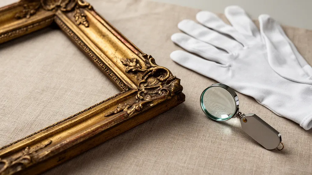 Gros plan d’un coin de cadre ancien et d’une loupe posée sur un tissu neutre, lumière douce, ambiance expertise d’art sans aucun texte visible.