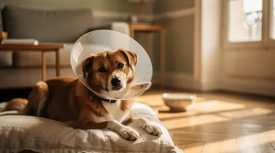 Un chien portant une collerette de protection allongé sur un coussin dans un intérieur français, avec une atmosphère douce et réconfortante évoquant la convalescence après une chirurgie vétérinaire.