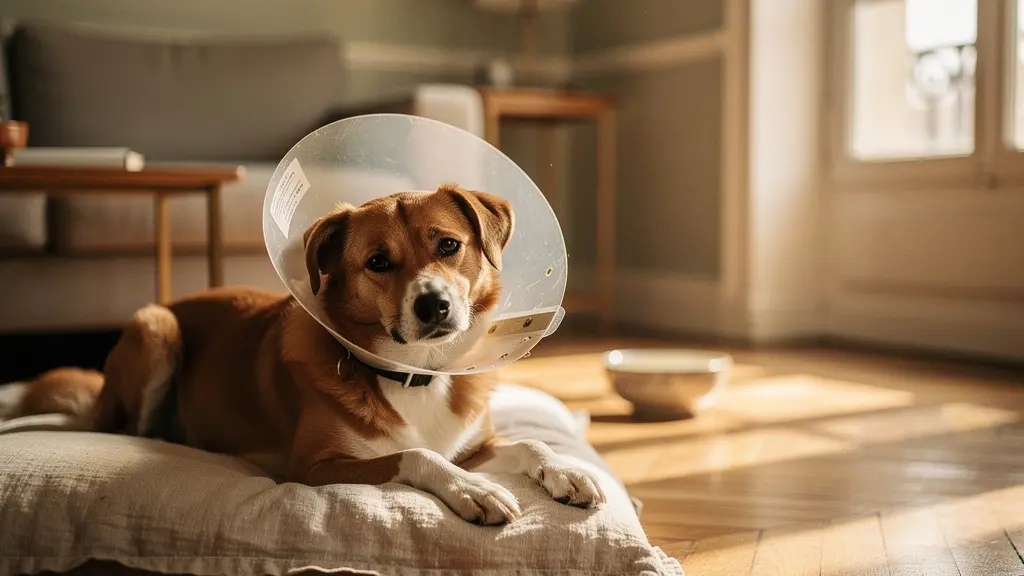 Un chien portant une collerette de protection allongé sur un coussin dans un intérieur français, avec une atmosphère douce et réconfortante évoquant la convalescence après une chirurgie vétérinaire.