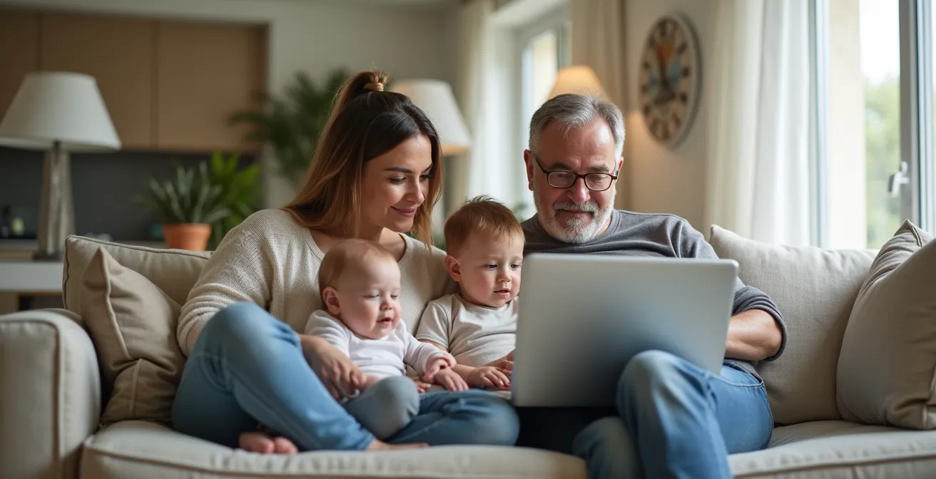 Famille multigénérationnelle réunie dans un salon lumineux