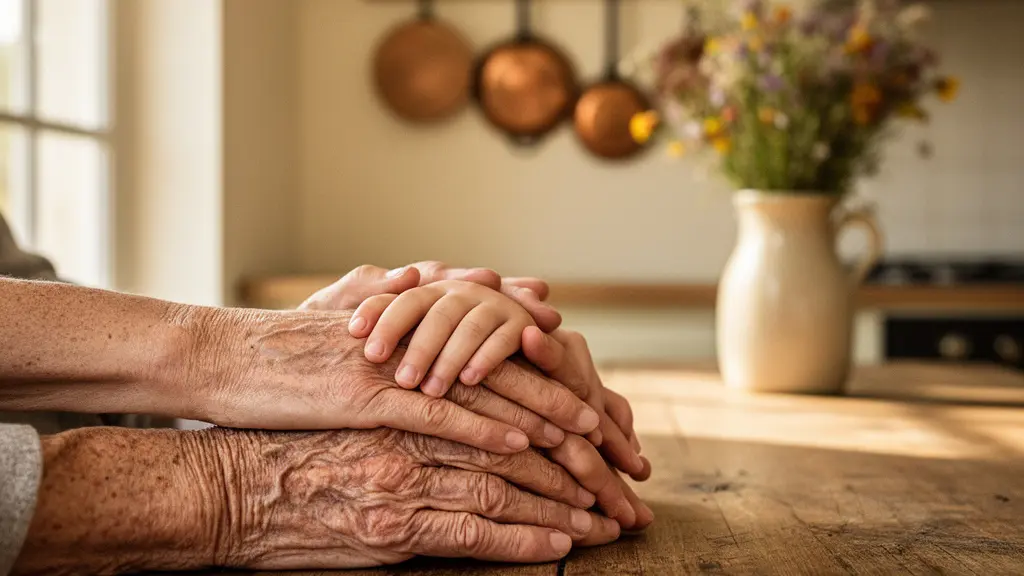Mains de plusieurs générations posées ensemble sur une table en bois, symbolisant la solidarité familiale autour de la couverture santé à la retraite
