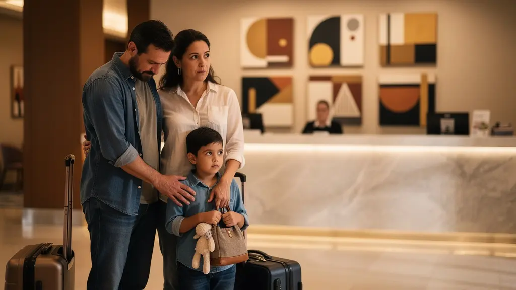 Famille avec valises devant la réception d'un hôtel, illustrant une situation de relogement d'urgence après un incendie.