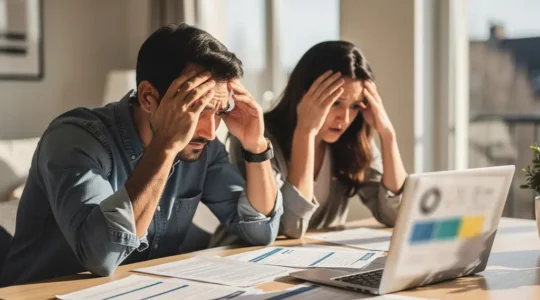 Parents découvrant une facture importante sur la table familiale