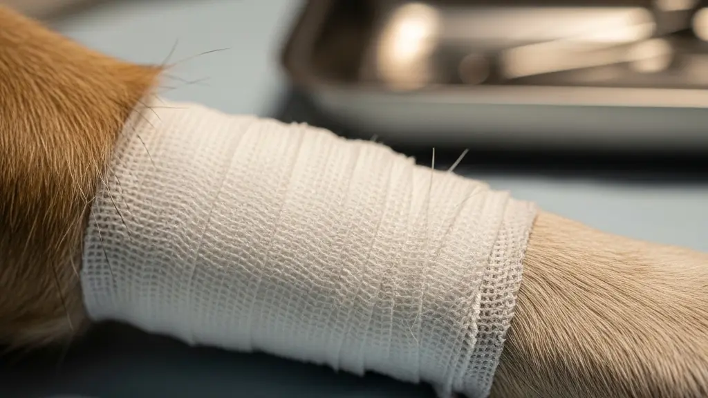 Gros plan macro sur la patte arrière bandée d'un chien en convalescence posée sur un tissu médical, illustrant les soins post-opératoires des ligaments croisés.