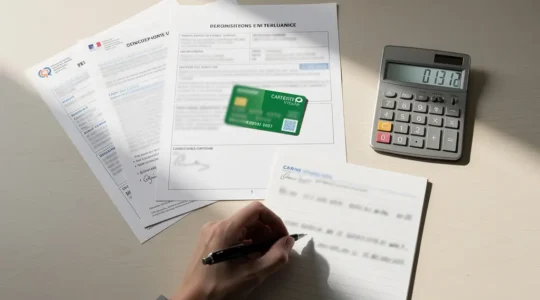 Vue en plongée d'un bureau moderne avec documents administratifs de santé et carte vitale, éclairage naturel doux