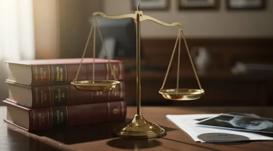 Vue symbolique d'une balance de la justice et d'un code civil français avec un dossier médical, représentant l'équilibre entre droit et réparation après un accident de la route