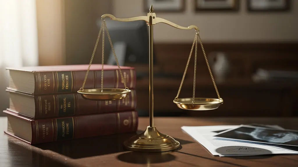 Vue symbolique d'une balance de la justice et d'un code civil français avec un dossier médical, représentant l'équilibre entre droit et réparation après un accident de la route