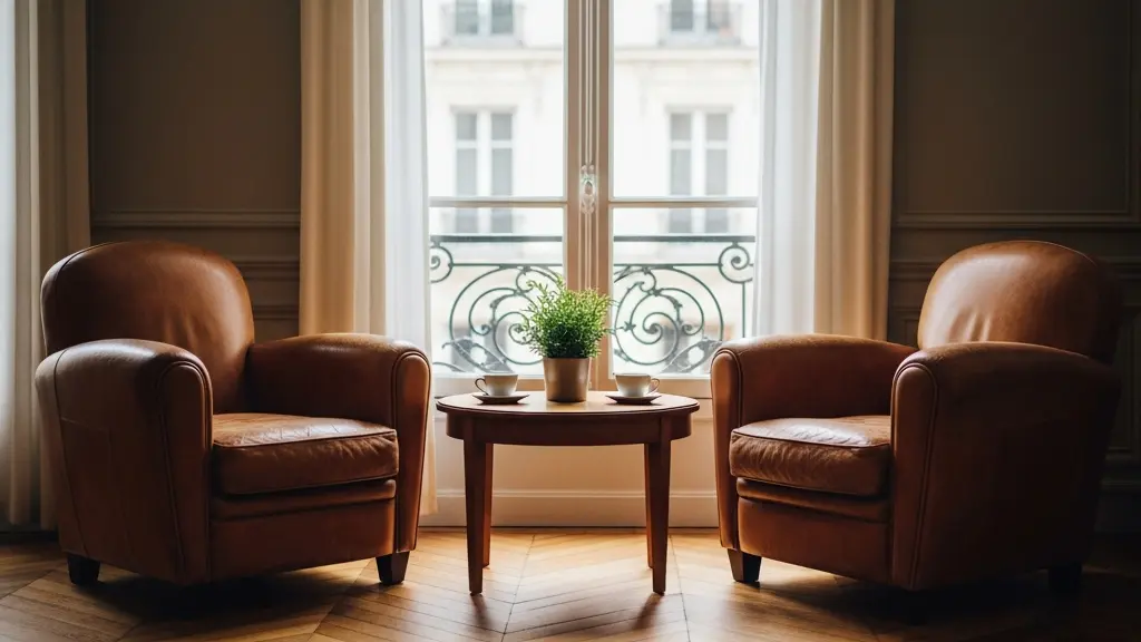 Un bureau chaleureux d'intermédiaire d'assurance de proximité avec deux fauteuils face à face évoquant la relation humaine