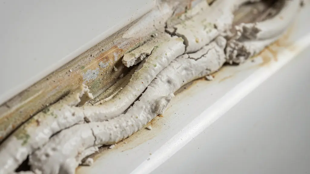 Vue macro d'un joint silicone dégradé dans une salle de bain