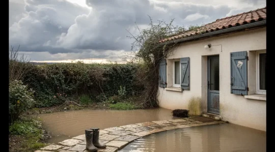Maison individuelle française partiellement inondée avec un ciel menaçant, symbolisant l'attente de la reconnaissance en catastrophe naturelle
