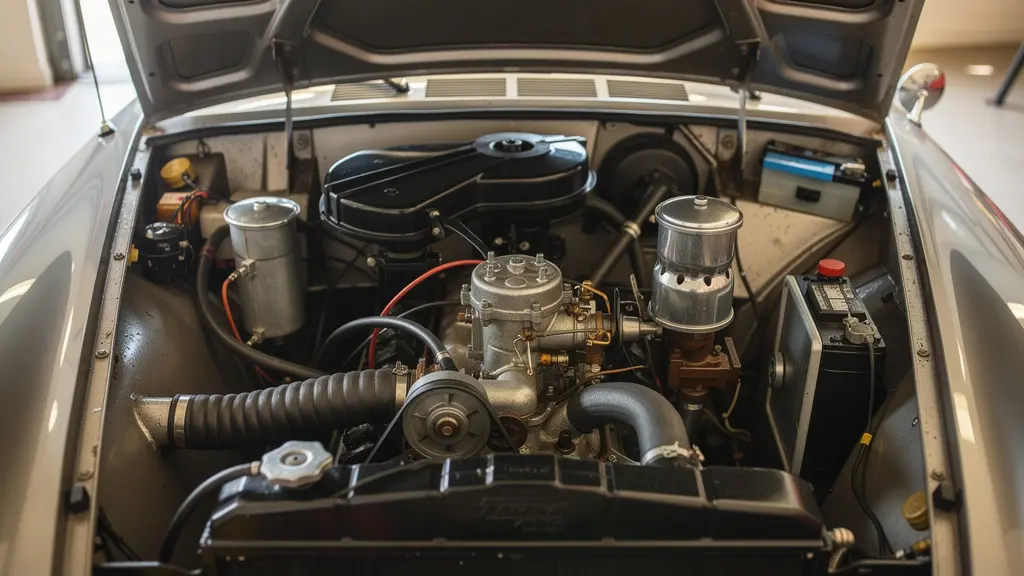 Compartiment moteur ouvert d'une voiture de collection avec pièces chromées visibles