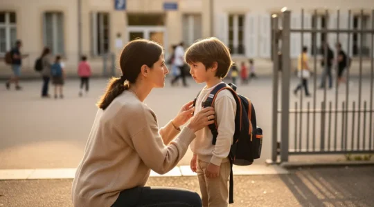 Parent et enfant devant l'école primaire avec cartable et équipements scolaires