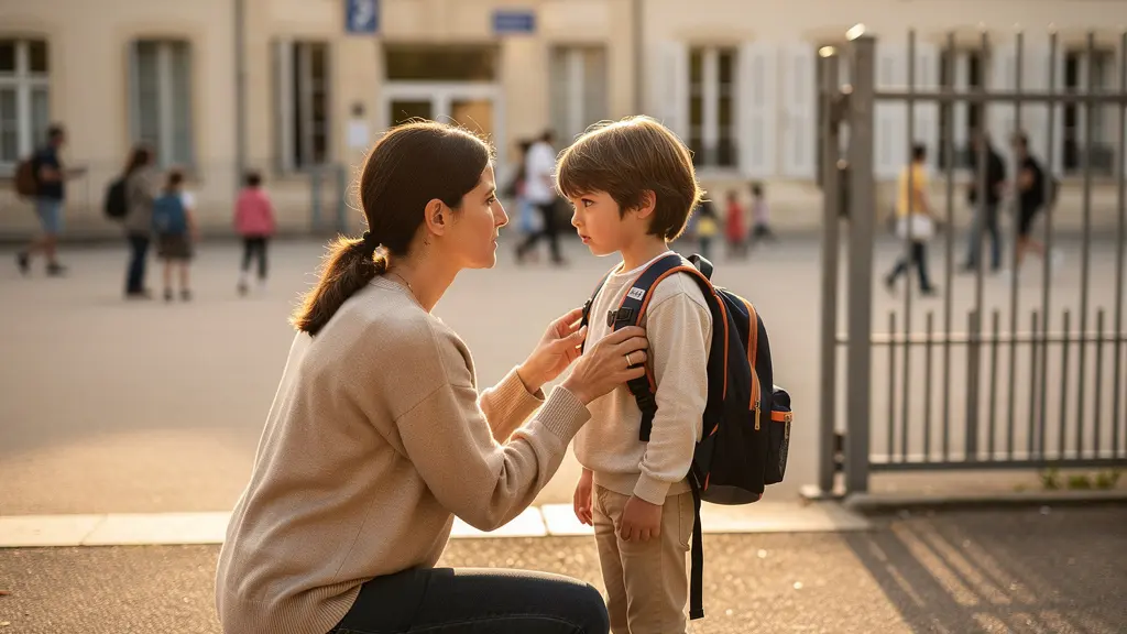 Parent et enfant devant l'école primaire avec cartable et équipements scolaires