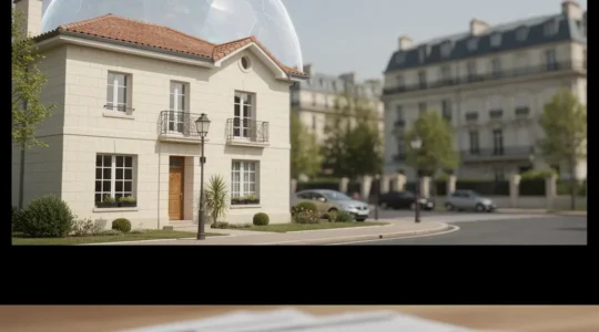 Vue d'ensemble d'une maison familiale française protégée par un parapluie symbolique transparent dans un environnement urbain