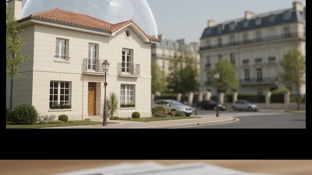Vue d'ensemble d'une maison familiale française protégée par un parapluie symbolique transparent dans un environnement urbain