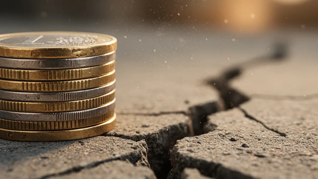 Pièces de monnaie empilées sur une surface fissurée évoquant la franchise obligatoire en catastrophe naturelle