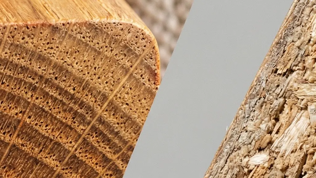Gros plan de textures de bois montrant la différence entre bois massif et panneau aggloméré pour illustrer la preuve de qualité d’un meuble.