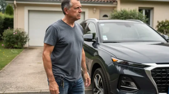Propriétaire contemplant son 4x4 garé devant sa maison avec garage