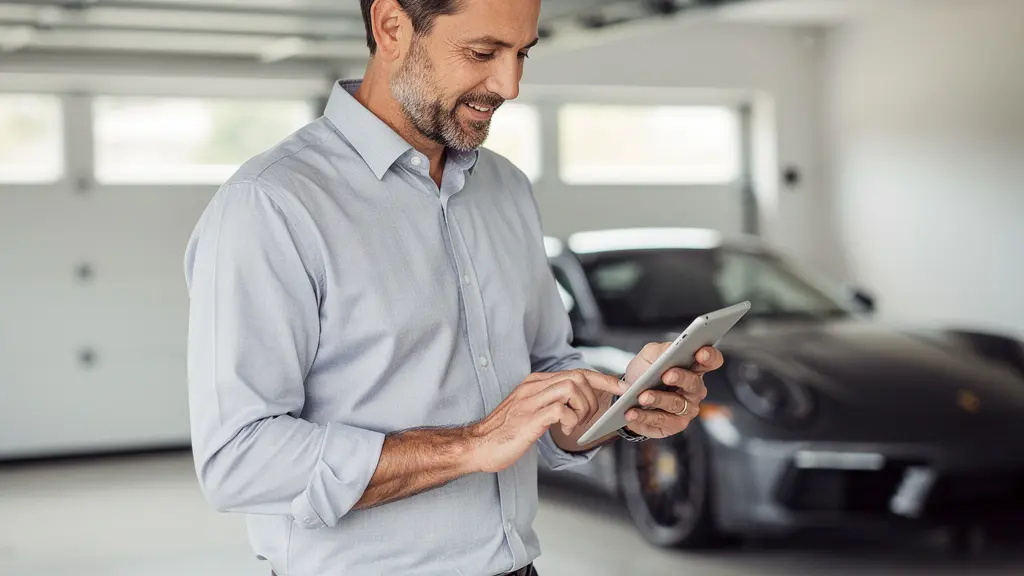 Propriétaire consultant tablette devant son véhicule de prestige dans garage résidentiel