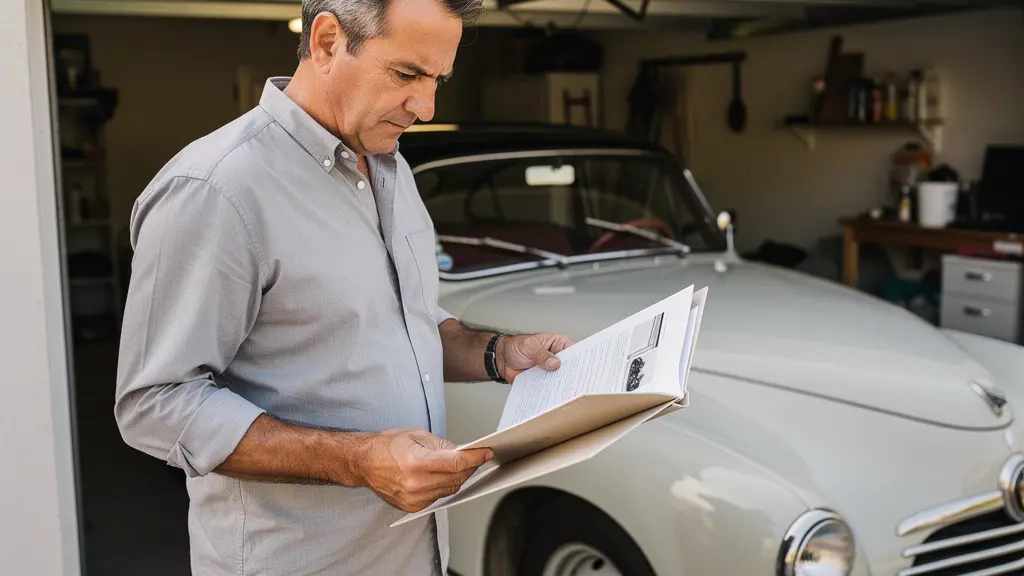 Propriétaire consultant un dossier près de sa voiture ancienne dans un garage