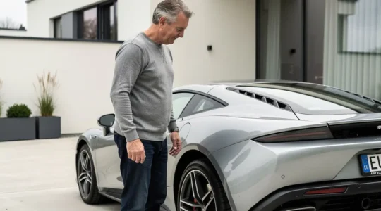 Propriétaire admirant sa voiture de sport devant résidence moderne, assurance véhicule de luxe