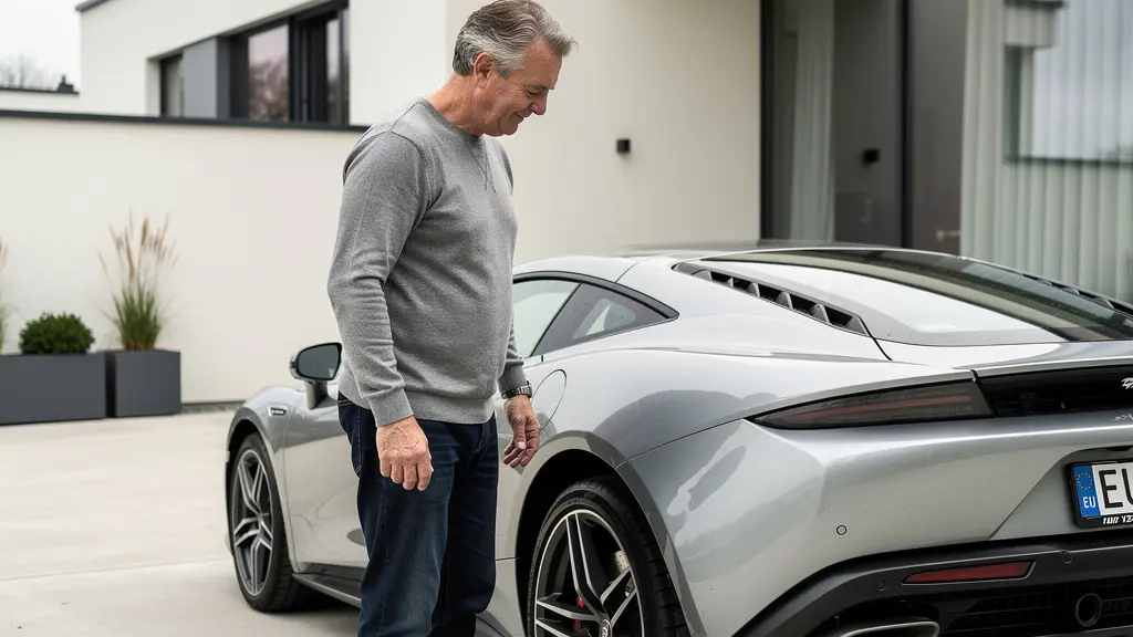 Propriétaire admirant sa voiture de sport devant résidence moderne, assurance véhicule de luxe