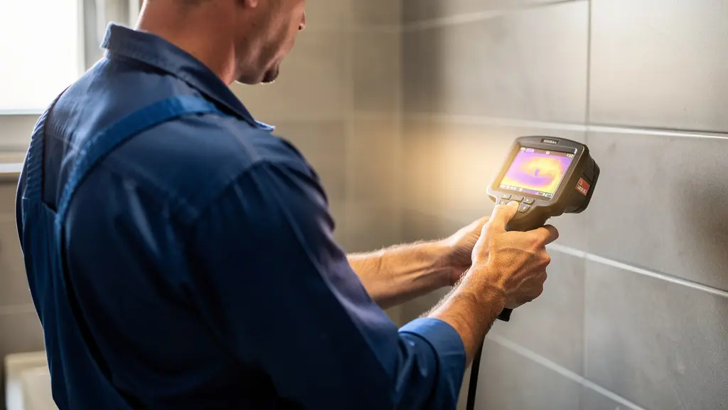 Plombier utilisant une caméra thermique pour détecter une fuite non destructive