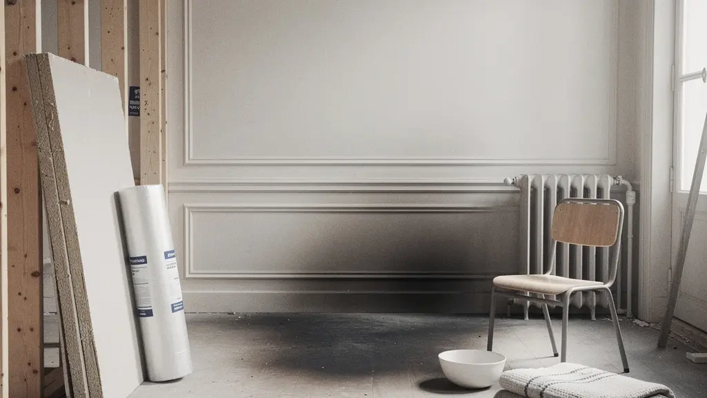 Pièce partiellement sinistrée montrant d’un côté des matériaux de reconstruction et de l’autre des objets du quotidien, pour illustrer la différence entre reconstruction du bâti et remplacement du mobilier.