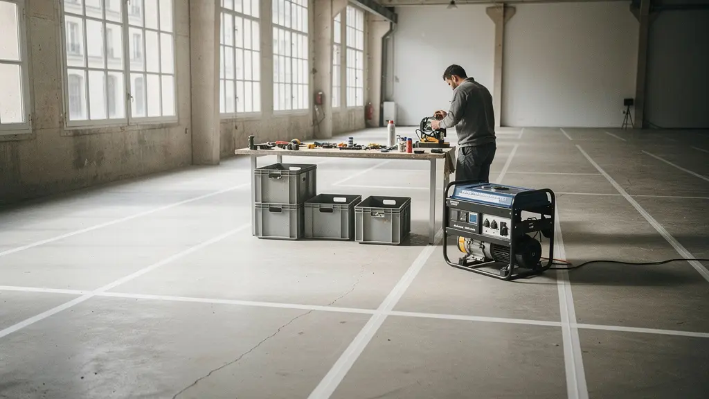 Vue large d'un atelier temporaire minimaliste installé dans un local vide, prêt à relancer l'activité après un sinistre.