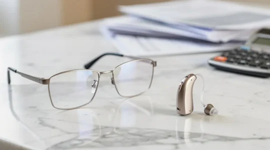 Composition montrant des lunettes modernes et un appareil auditif discret sur une surface épurée avec documents administratifs floutés en arrière-plan